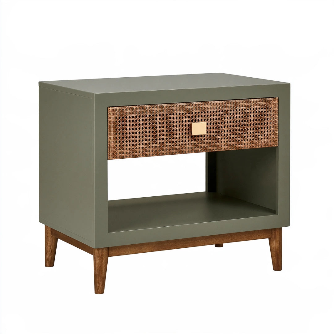 Comodino 60 x 40 x 60 cm in legno verde salvia con cassetto in rattan - stile moderno