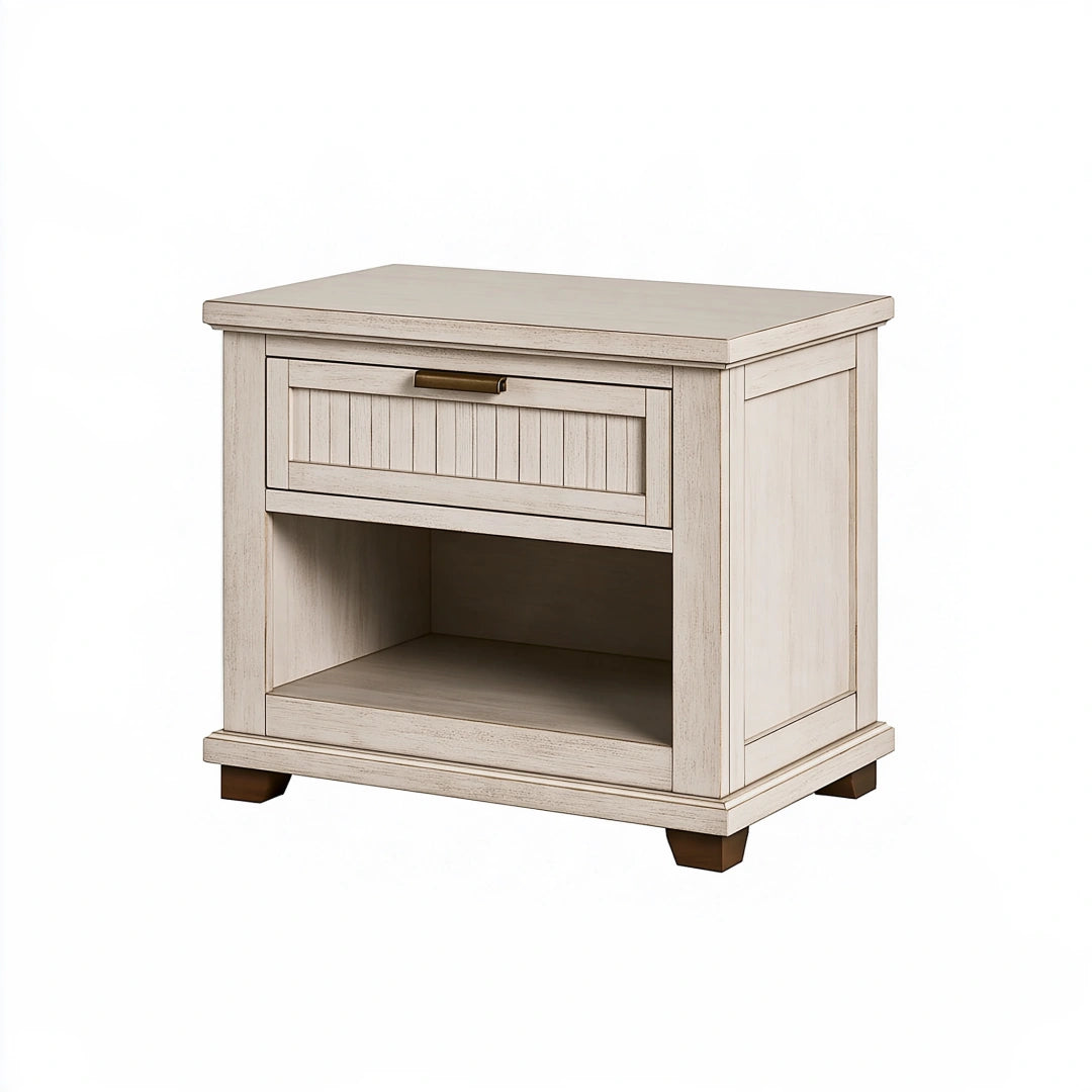 Comodino 65 x 45 x 65 cm in legno bianco con cassetto e vano aperto stile classico