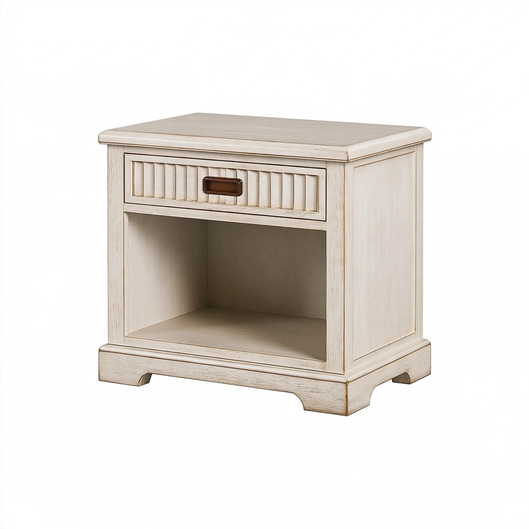 Comodino 60 x 45 x 60 cm in legno bianco con cassetto e vano aperto stile classico