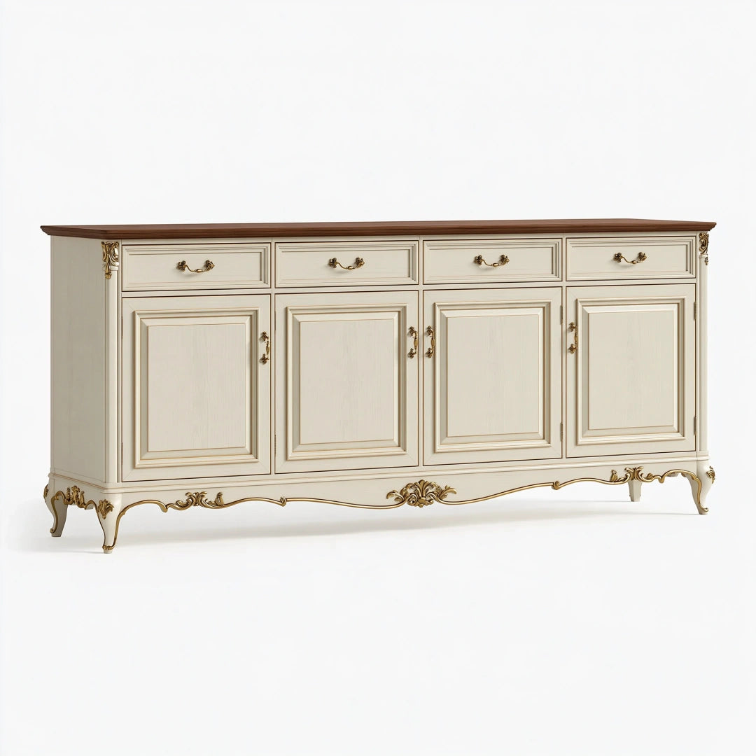 Credenza 220 x 50 x 90 cm in legno avorio e marrone - stile classico con 4 ante e 4 cassetti