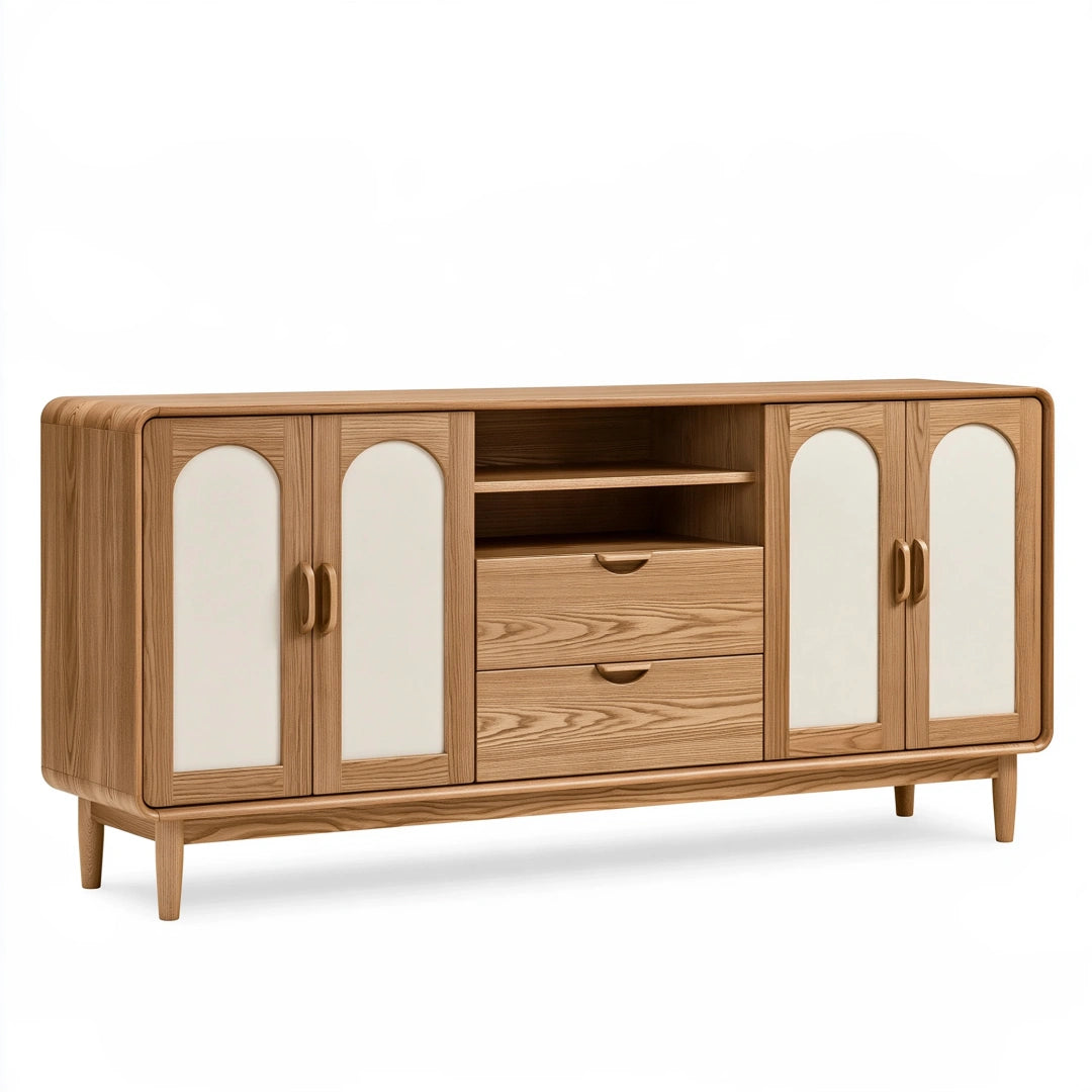 Credenza 180 x 45 x 90 cm in legno naturale e bianco con ante e cassetti stile retrò