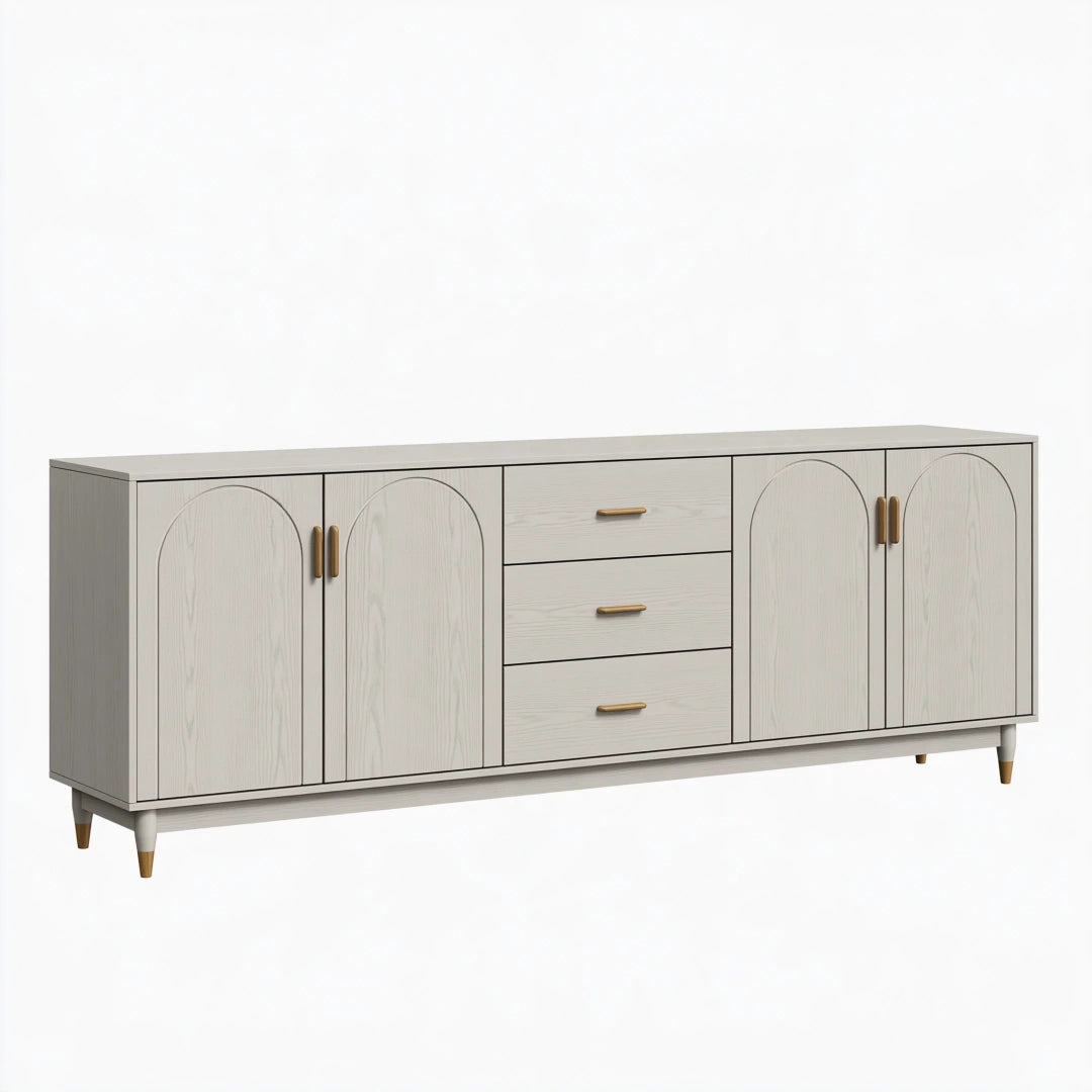Credenza 180 x 40 x 80 cm in legno effetto rovere avorio con 4 ante e 3 cassetti stile moderno