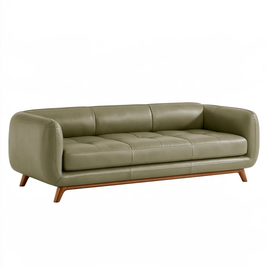 Divano 3 posti 220 x 90 x 78 cm effetto pelle verde oliva con gambe in legno stile moderno