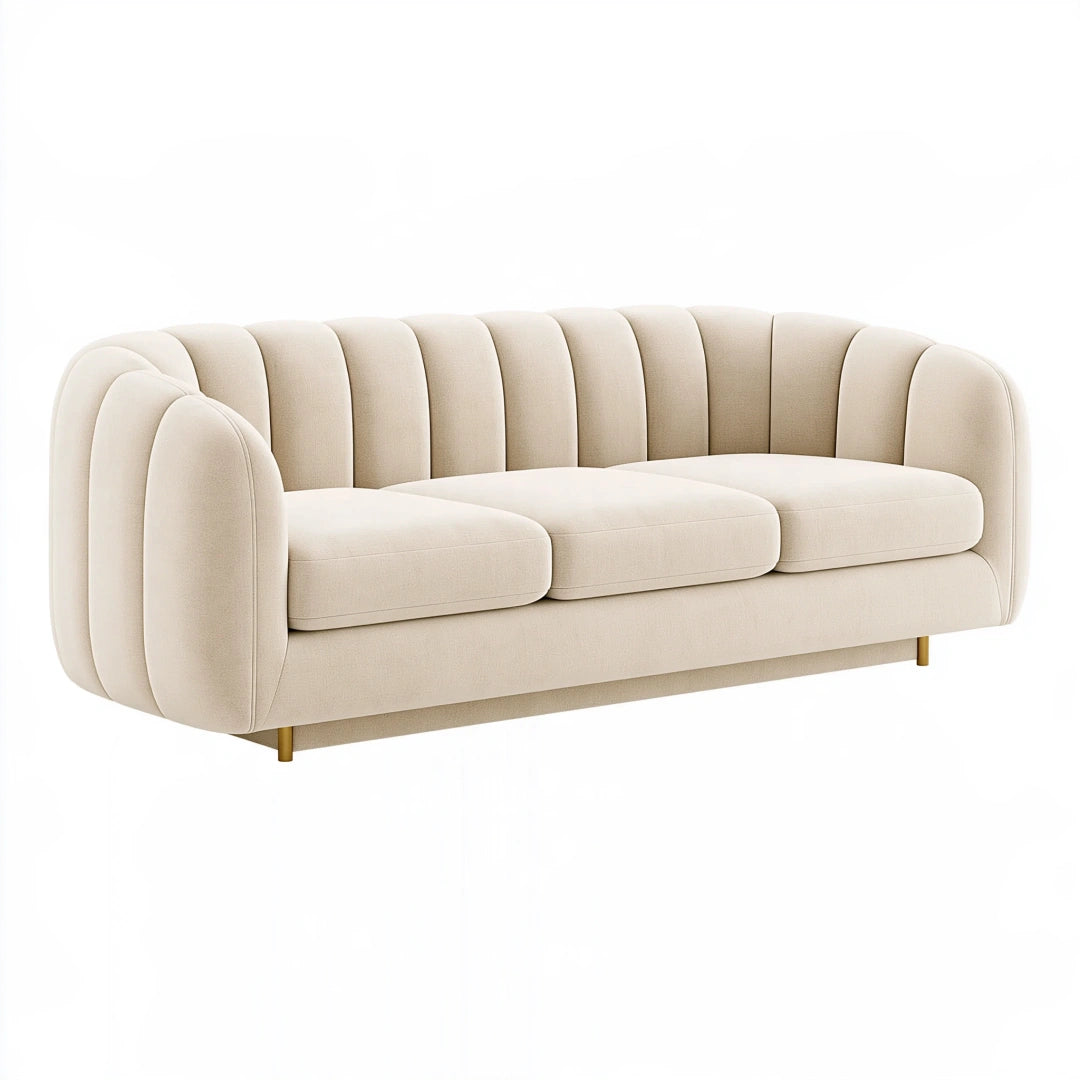 Divano 3 posti 220 cm in tessuto crema - stile moderno con schienale scanalato