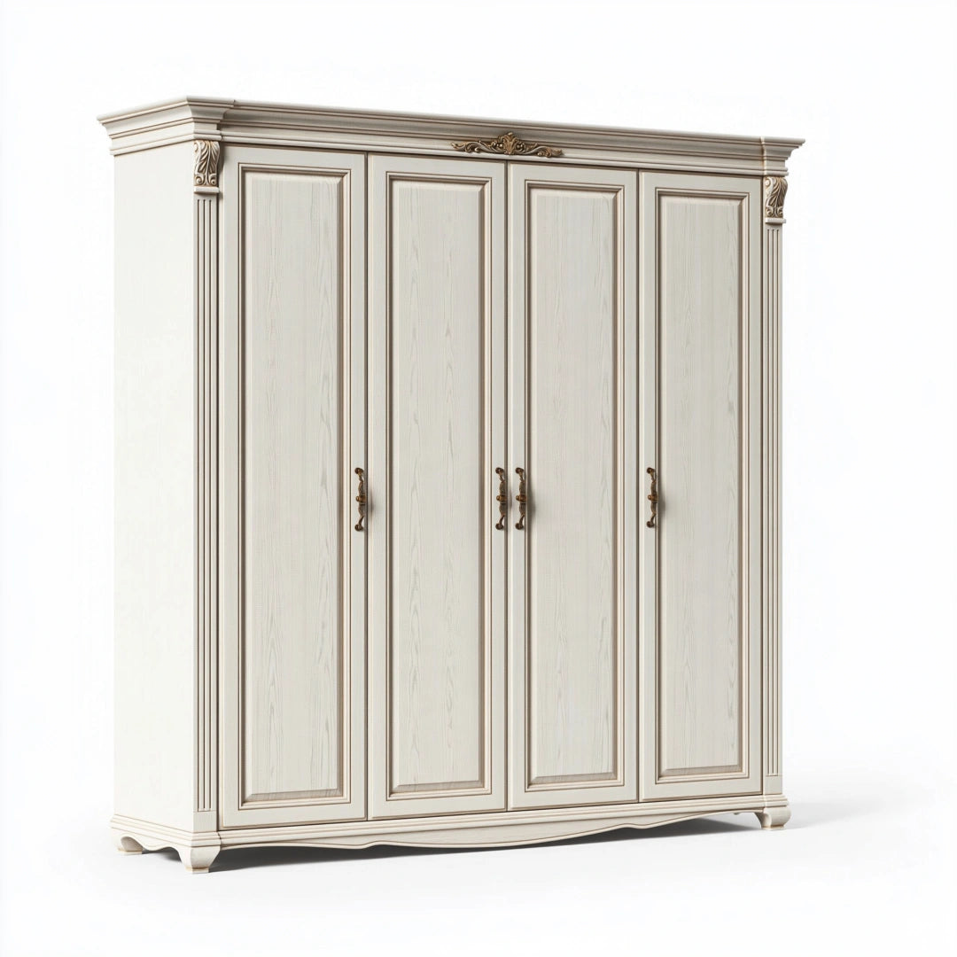 Armadio guardaroba 220 x 60 x 230 cm in legno bianco avorio a quattro ante stile classico