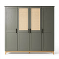 Armadio guardaroba 200 x 60 x 200 cm in legno verde oliva con ante in rattan stile moderno