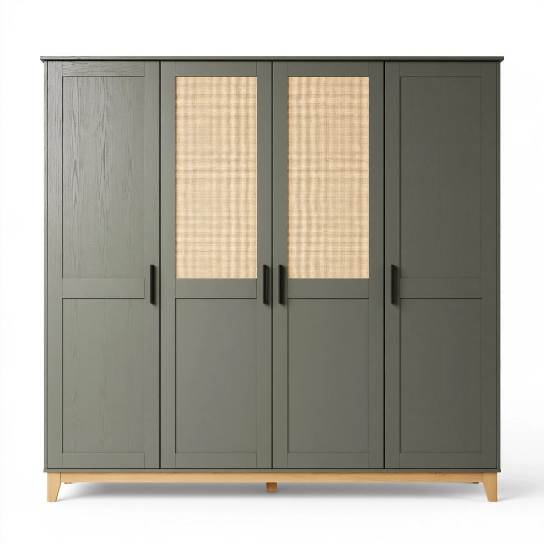 Armadio guardaroba 200 x 60 x 200 cm in legno verde oliva con ante in rattan stile moderno