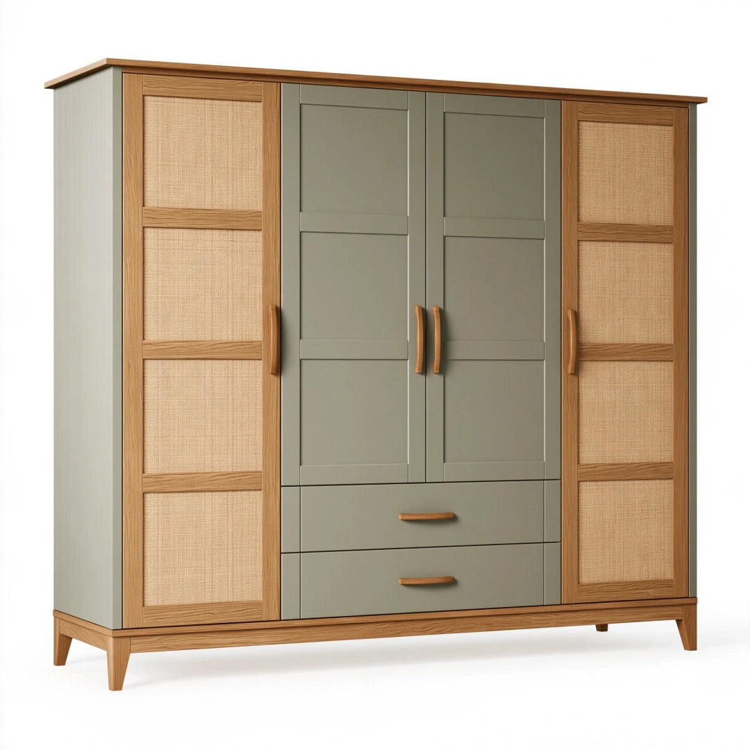 Armadio guardaroba 200 x 60 x 200 cm in legno verde salvia e marrone con pannelli intrecciati e cassetti