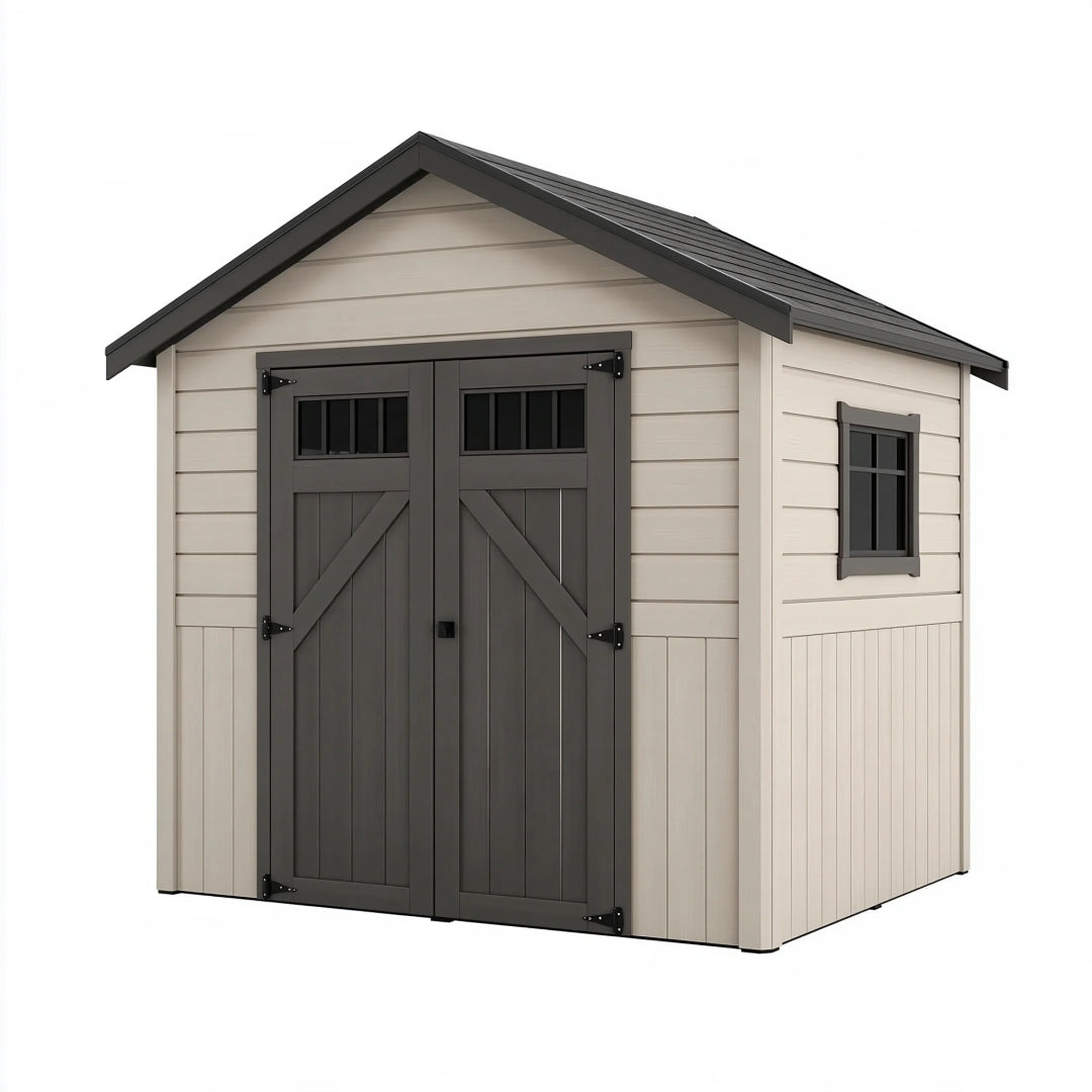 Casetta da giardino 180 x 120 x 210 cm in resina beige e antracite - doppia porta con finestra