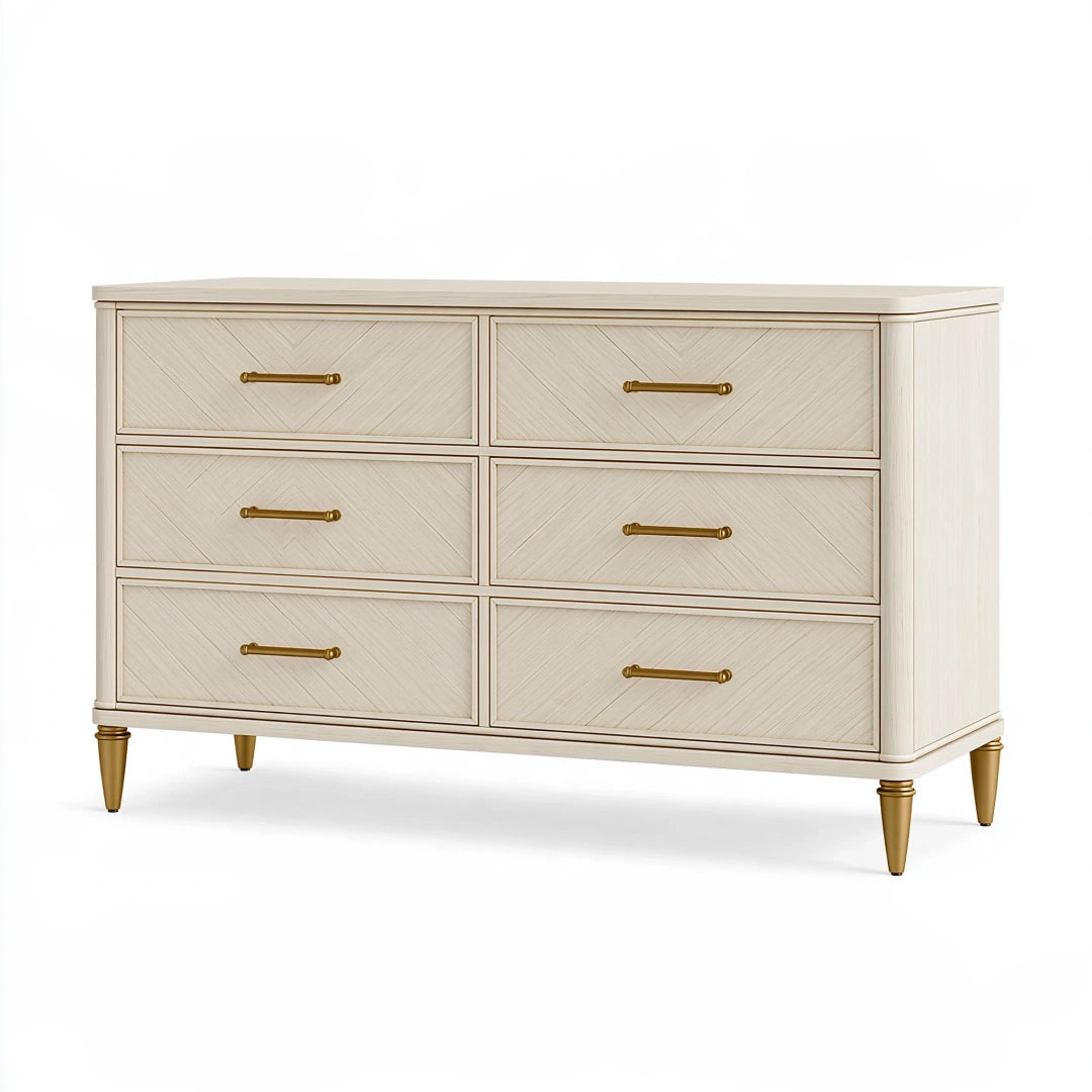 Cassettiera 150 x 45 x 85 cm in legno avorio con 6 cassetti e maniglie dorate